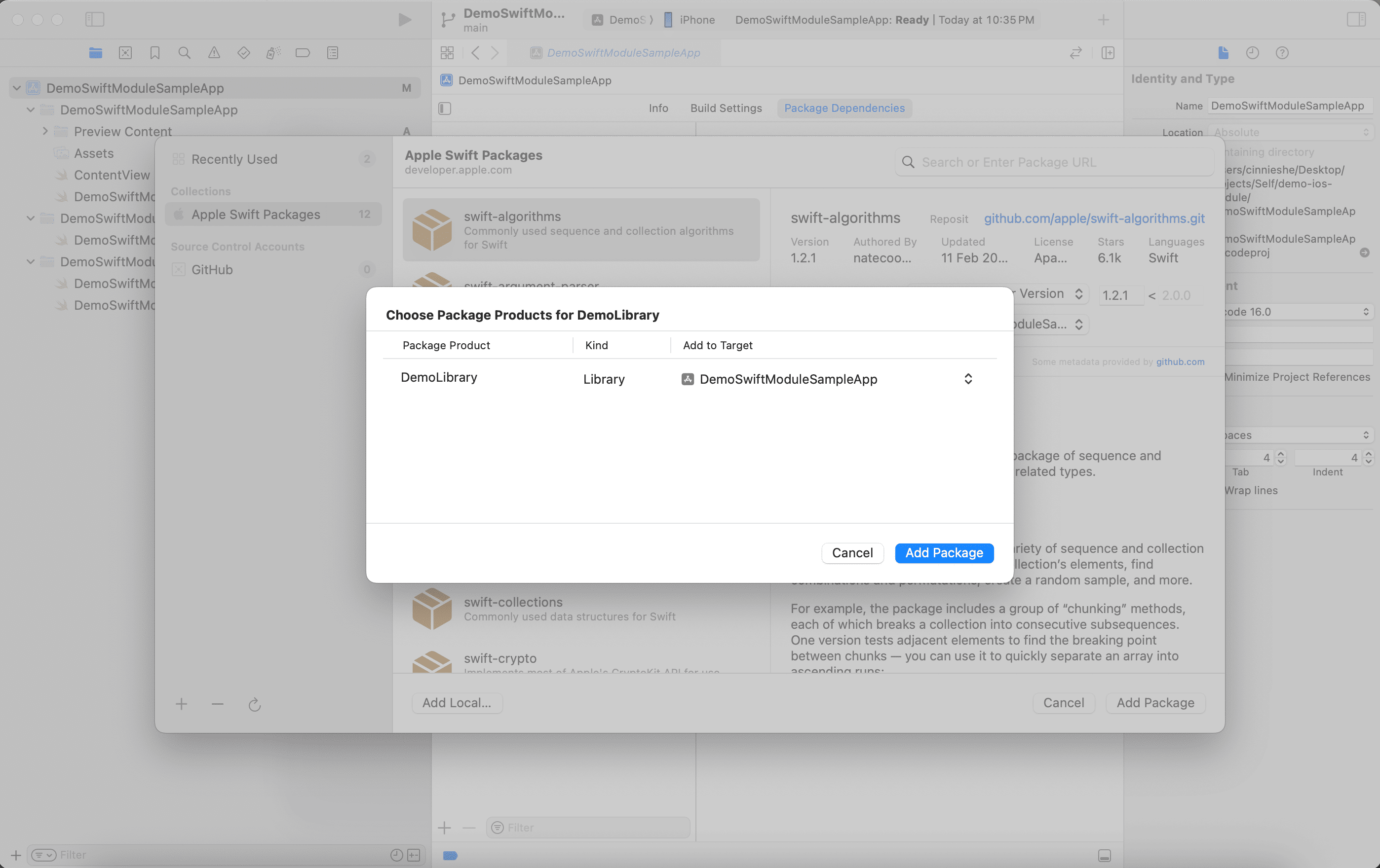Add project to sample app target